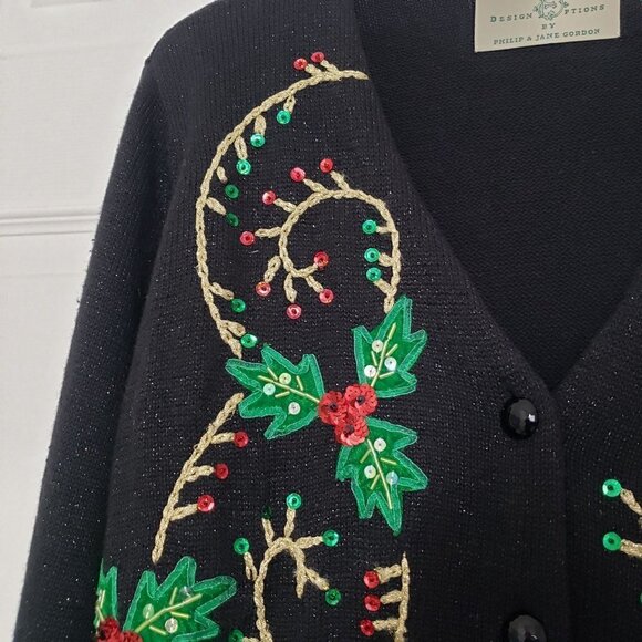 Design Options Holly Berry Cardigan Beaded Sequin Holiday Sweater Womens Sz XL - Picture 3 of 12